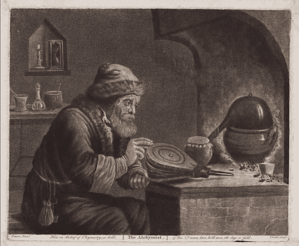 Alquimista trabajando en un laboratorio, grabado histórico