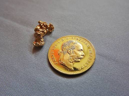 Moneda de oro junto a una pepita de oro